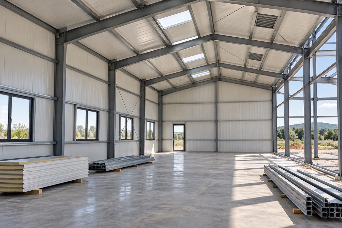 Bright interior of a metal workshop with insulation and ventilation