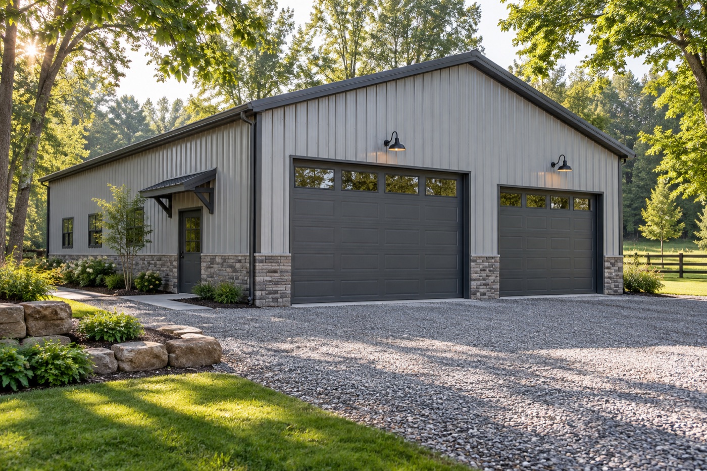 Gray metal garage and workshop on a landscaped property
